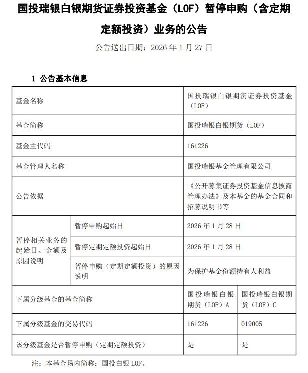 国投白银LOF:1月28日起暂停申购(含定期定额投资)业务 国投白银LOF:1月28日起暂停申购(含定期定额投资)业务