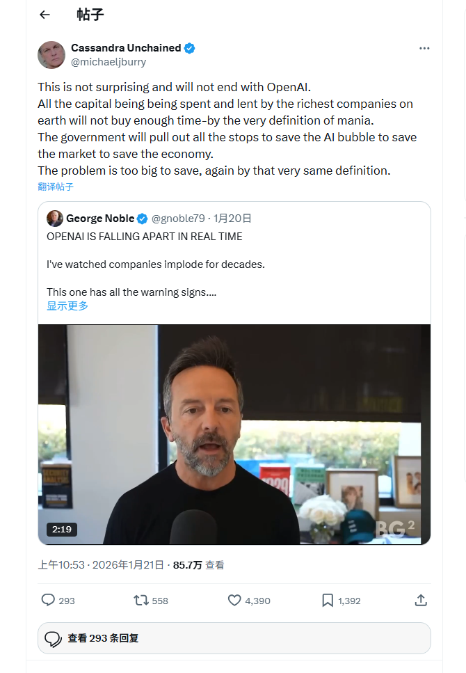 剑指OpenAI？“大空头”再发警告：AI泡沫已经“大到无可救药”！