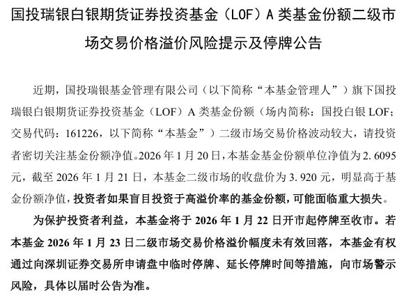 突发公告!白银基金将停牌一天,目前溢价已超50% 突发公告!白银基金将停牌一天,目前溢价已超50%