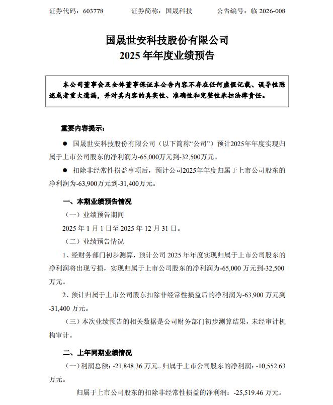 国晟科技:预计2025年年度净利润亏损3.25亿元—6.5亿元 国晟科技:预计2025年年度净利润亏损3.25亿元—6.5亿元