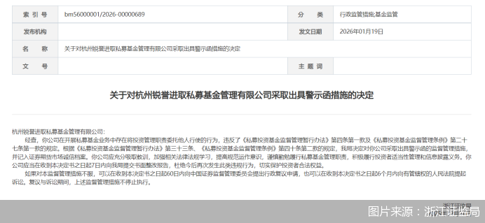 因开展私募基金业务存违规问题，杭州锐誉进取被监管警示