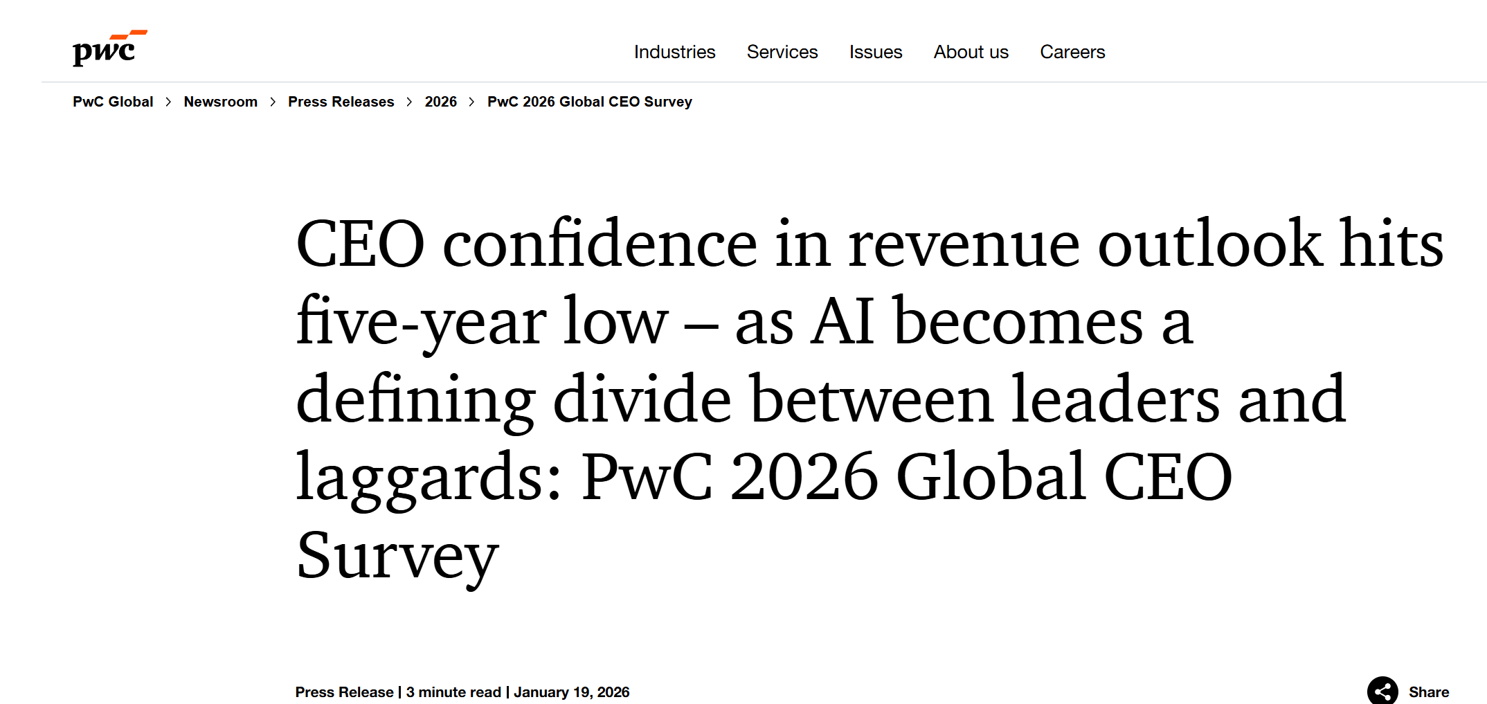 普华永道调查：多数CEO未看到AI带来回报 仅三成CEO对收入前景有信心