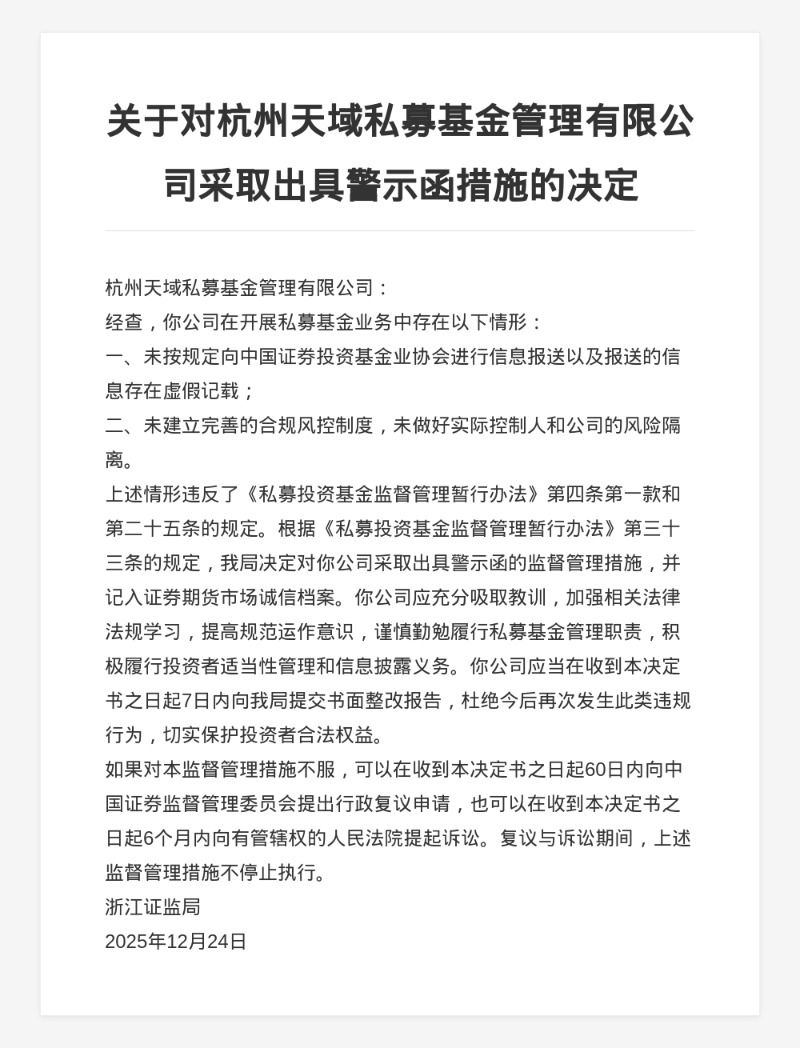 杭州天域私募被出具警示函 涉合规风控制度不完善等